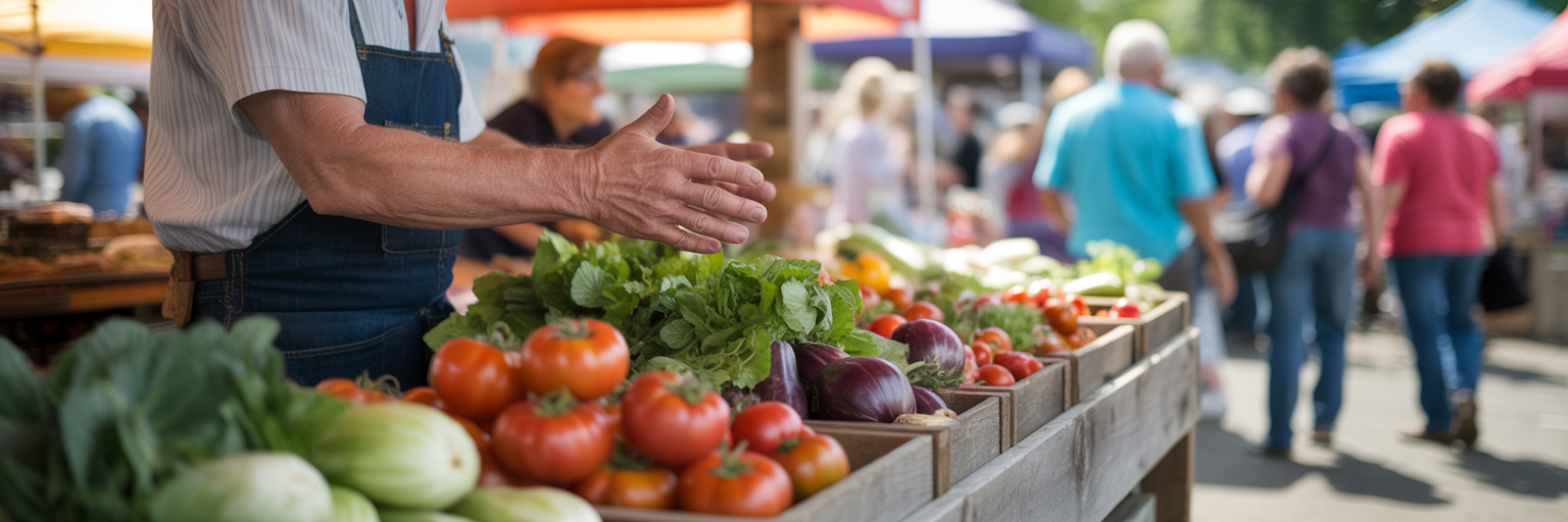 Locals interacting at Corvallis Farmers Market stall.
