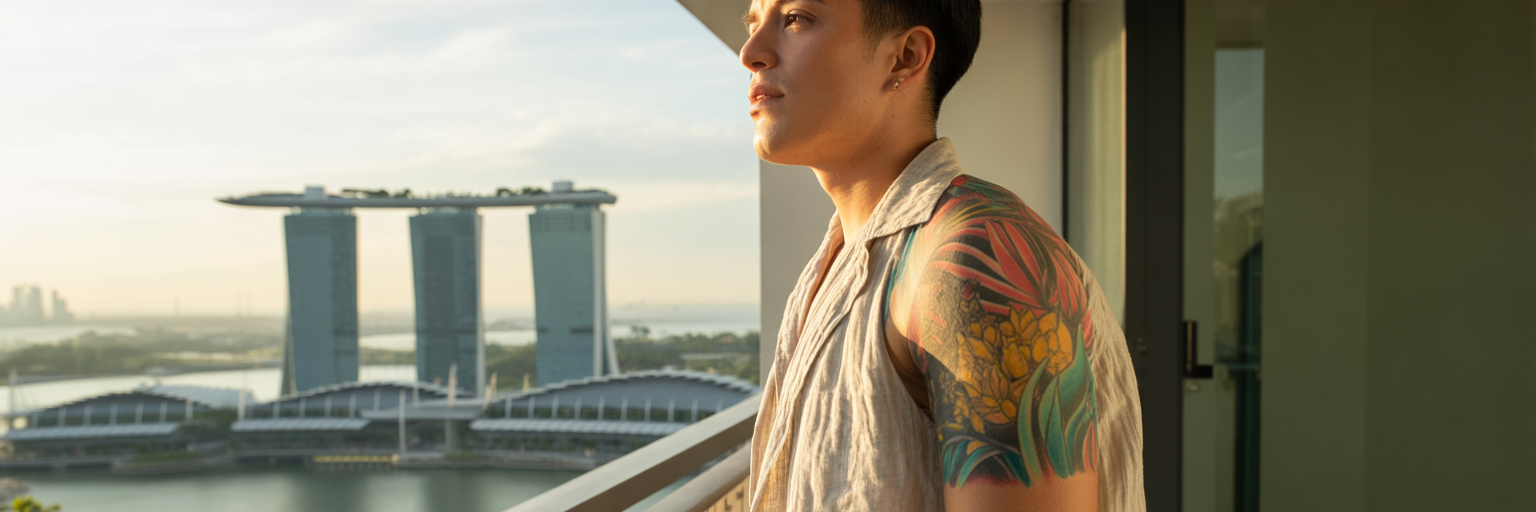 Loose clothing protecting healed tattoo outdoors.