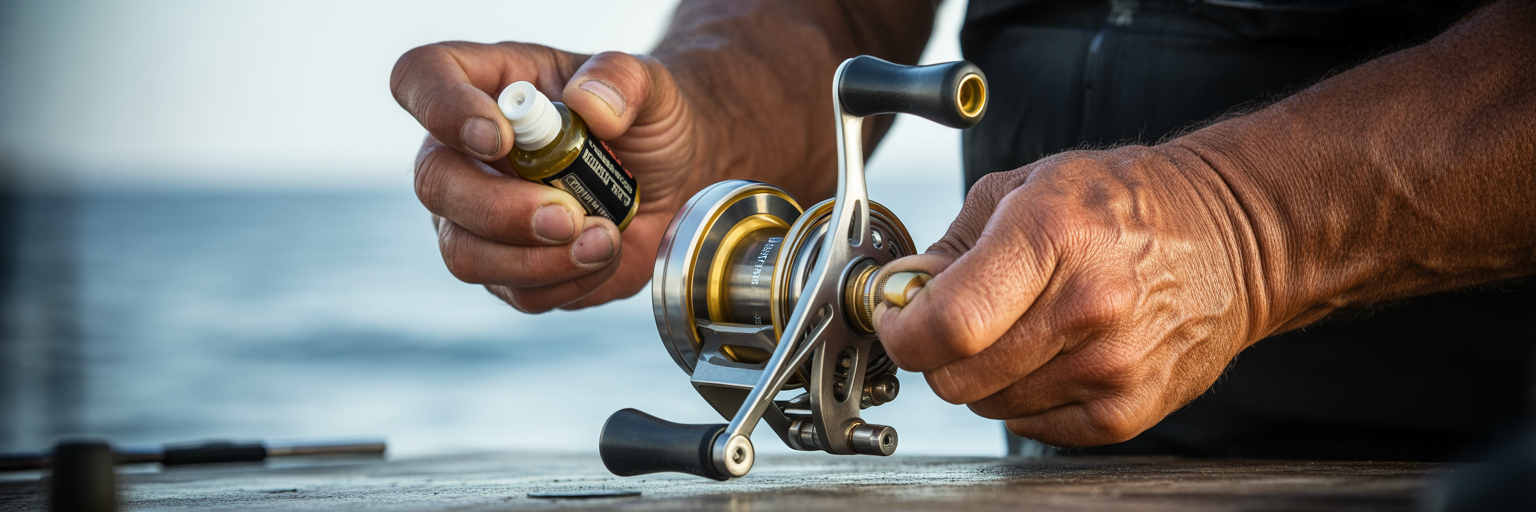 Lubricating an offshore fishing reel.