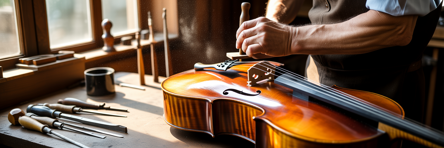 Luthier carefully repairing a vintage cello.