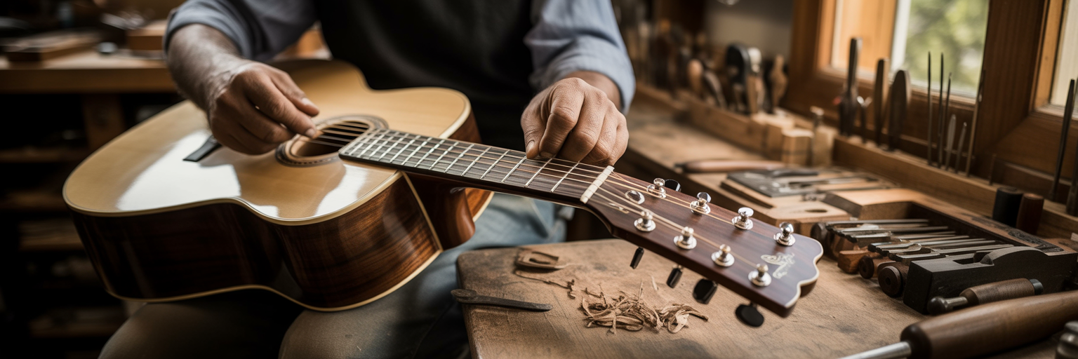 Luthier carefully tuning an acoustic guitar.