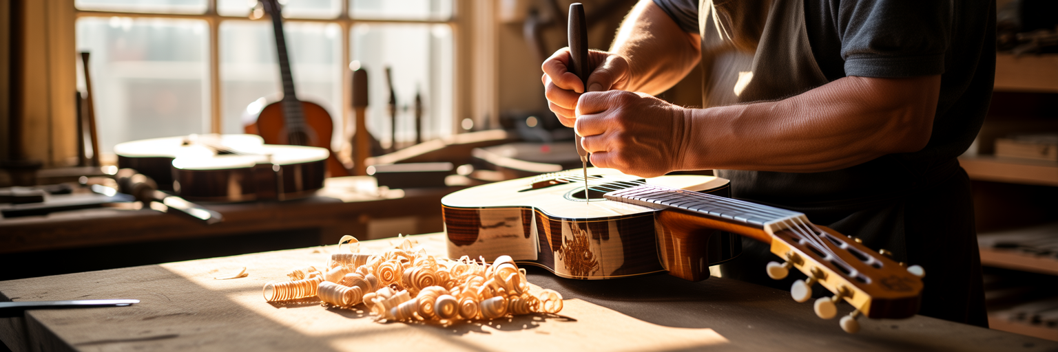 Luthier carving intricate guitar neck.