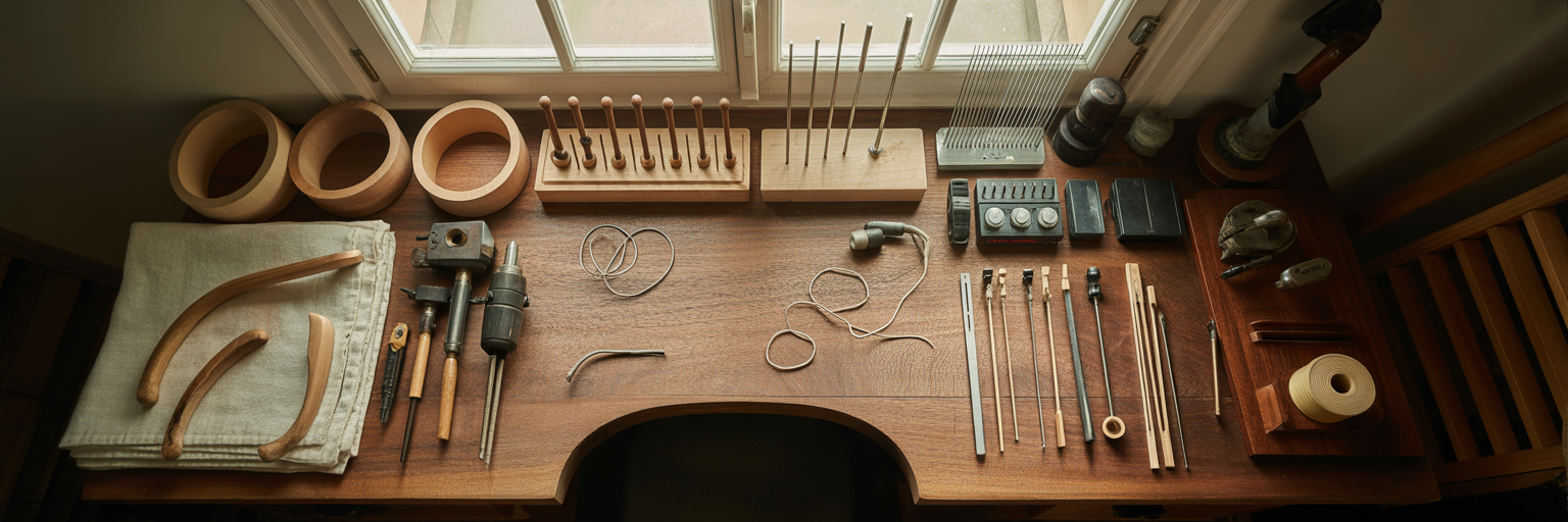 Luthier's workbench with heating and tuning tools.