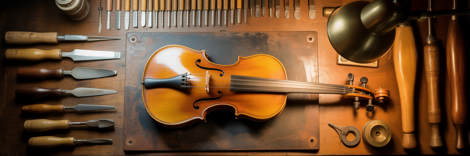 Luthier's workbench with violin crafting tools.