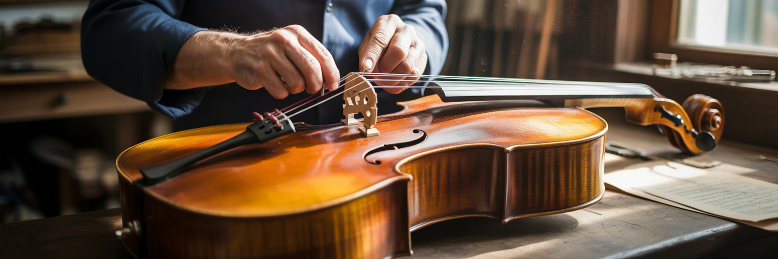 Luthier tuning a cello's strings.
