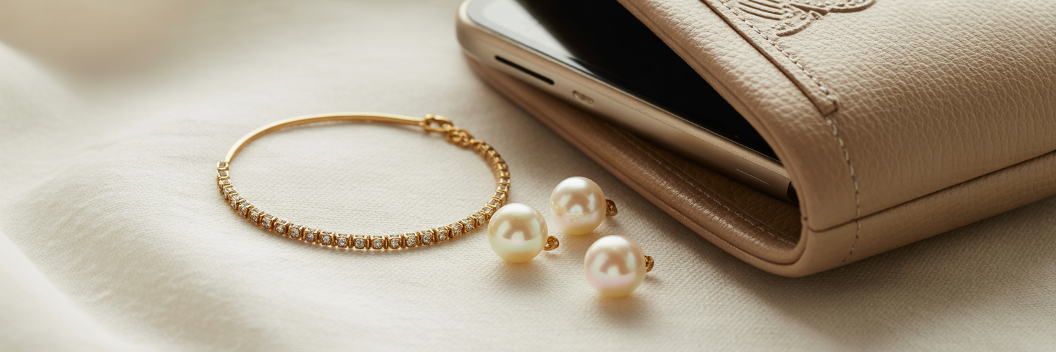 Luxury accessories arranged on linen fabric