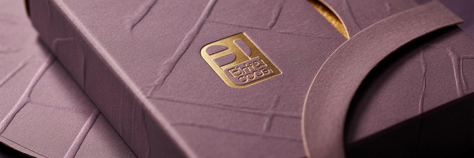 Luxury chocolate box with gold foil and embossed texture.