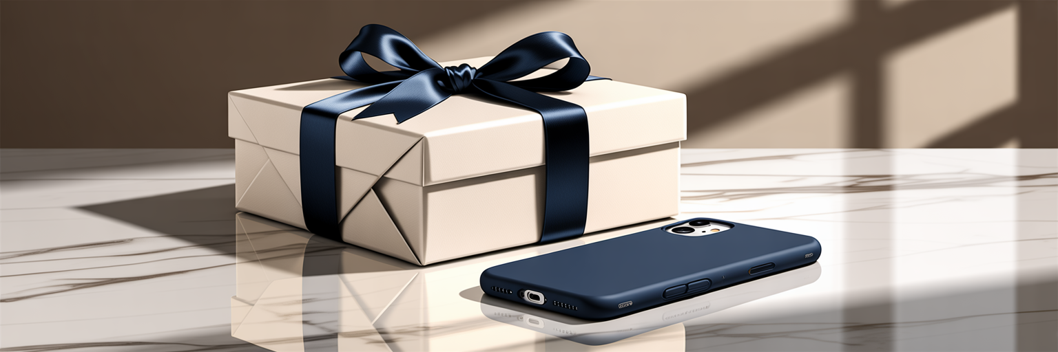 Luxury gift box next to a rectangle iPhone case.