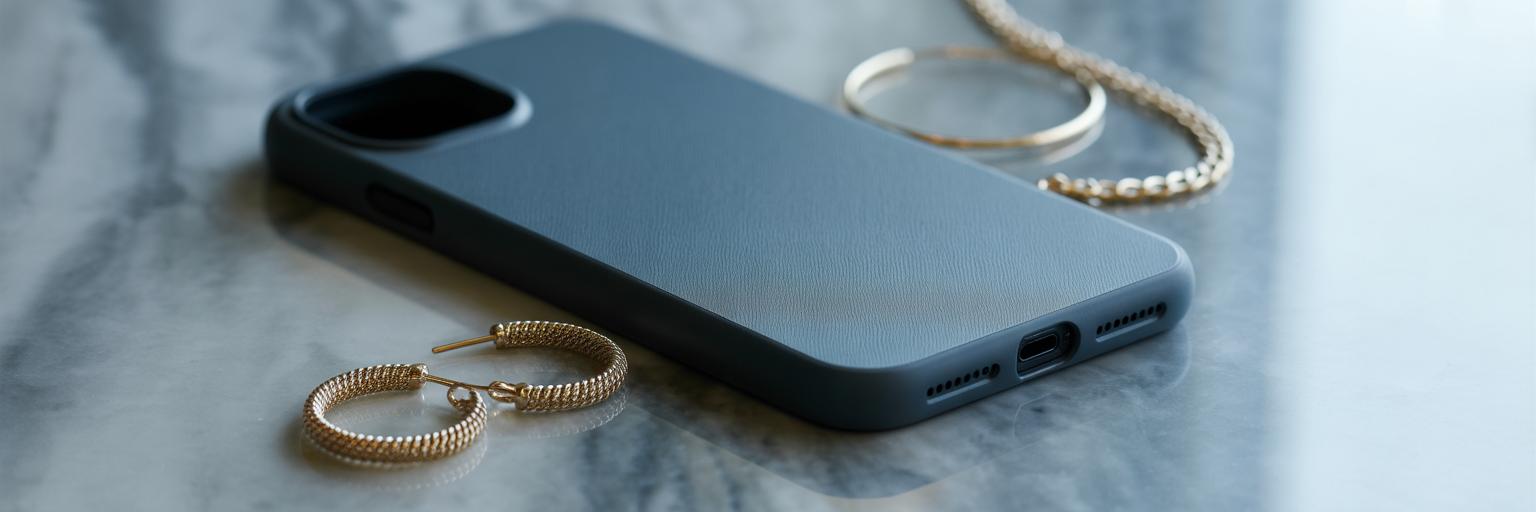 Luxury rectangle iPhone case with gold jewelry.