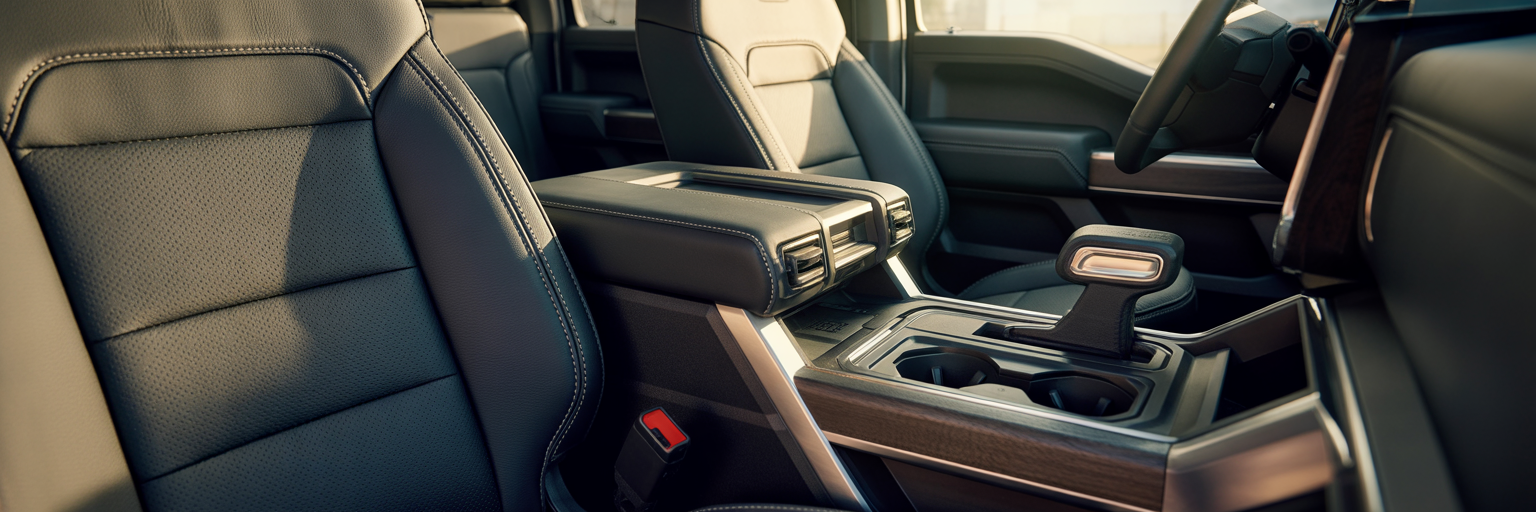 Luxury truck interior with leather and wood.