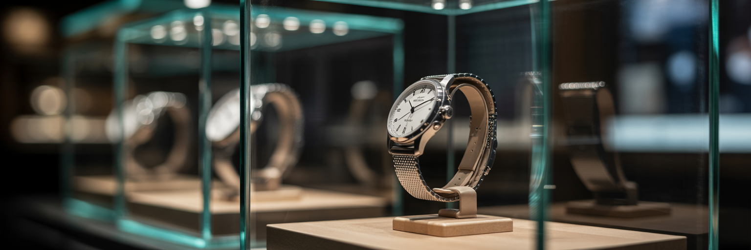 Luxury watch inside a display case.