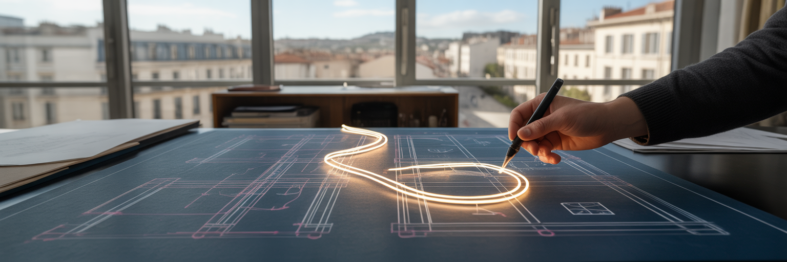 Main traçant un parcours client lumineux sur un plan.