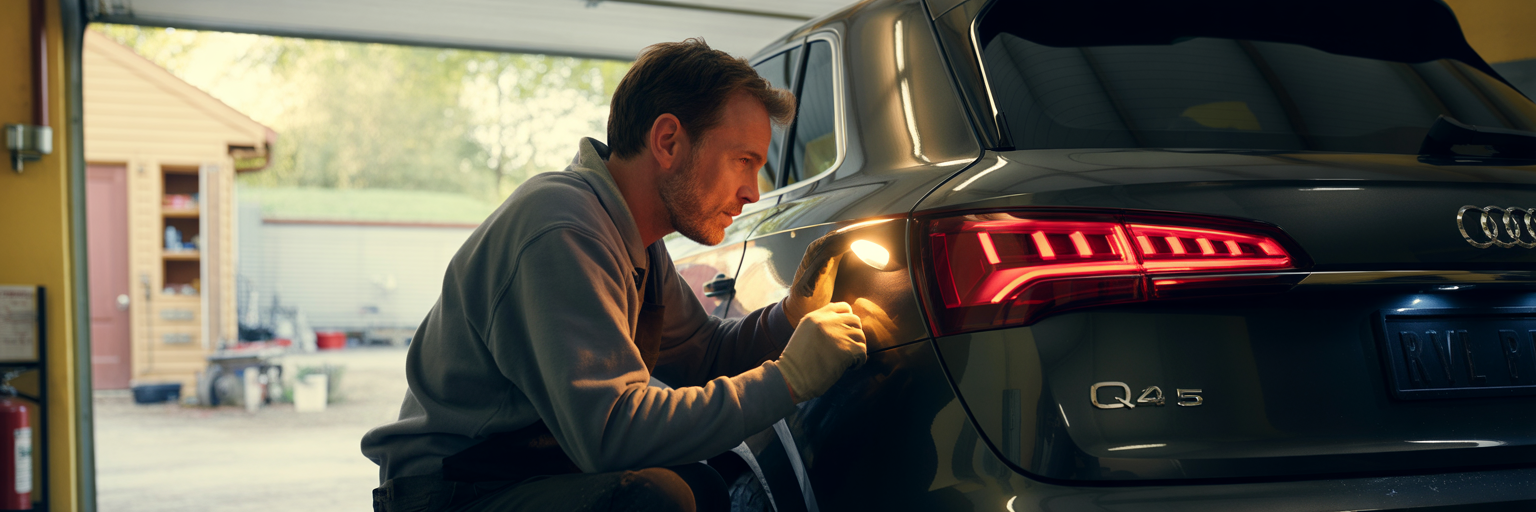 Man inspecting Audi Q5 taillight in garage.