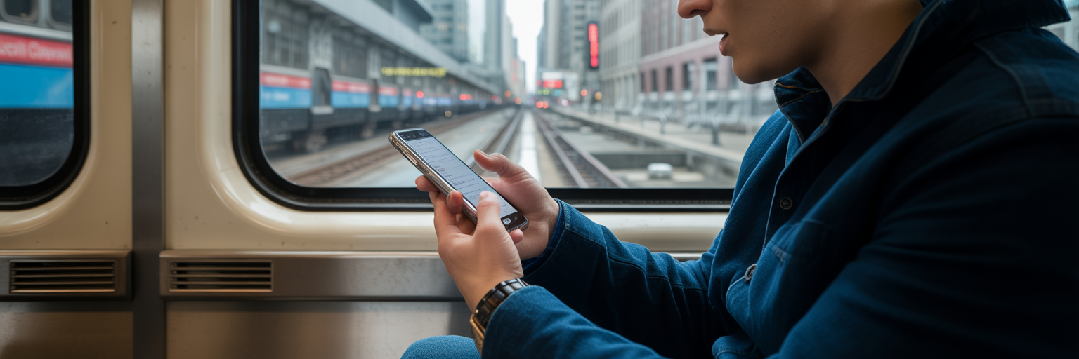Man logging meal on commuter train