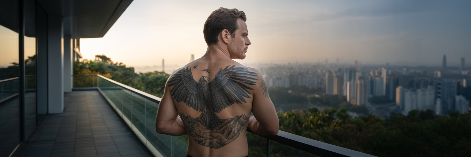 Man with large back tattoo.