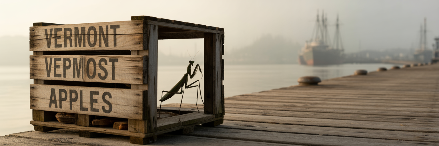Mantis emerging from an old shipping crate.