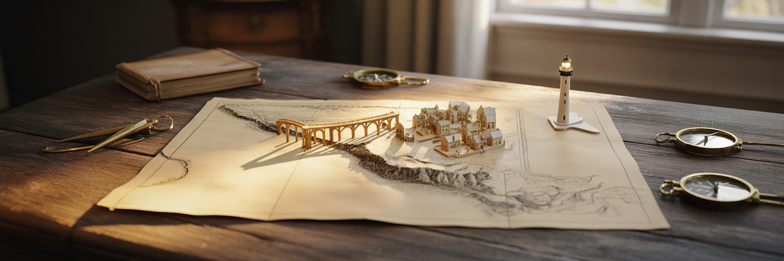 Map with bridge and lighthouse showing wellness path.