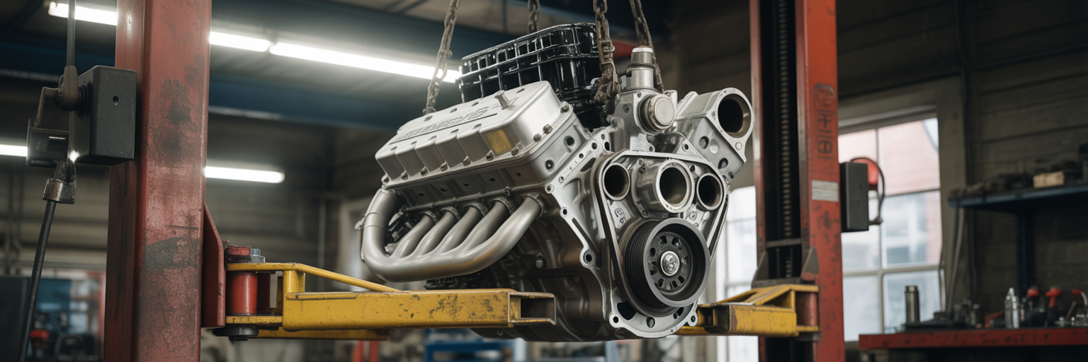 Massive V8 engine on a hoist.