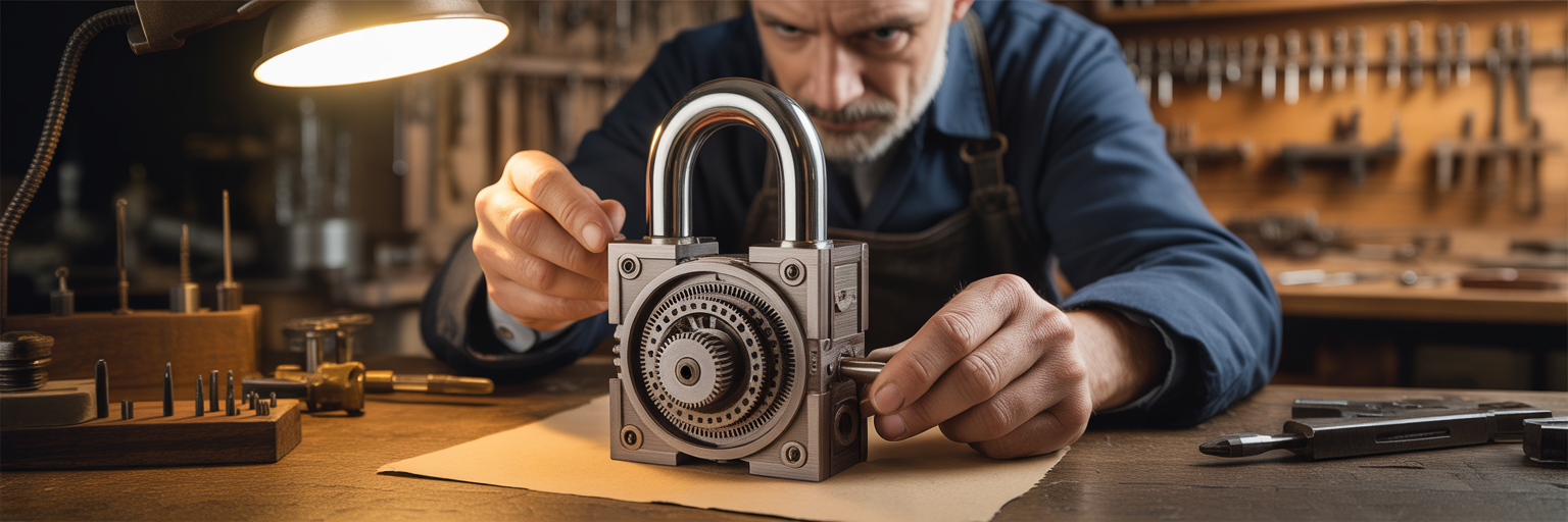 Master locksmith crafting a complex lock.