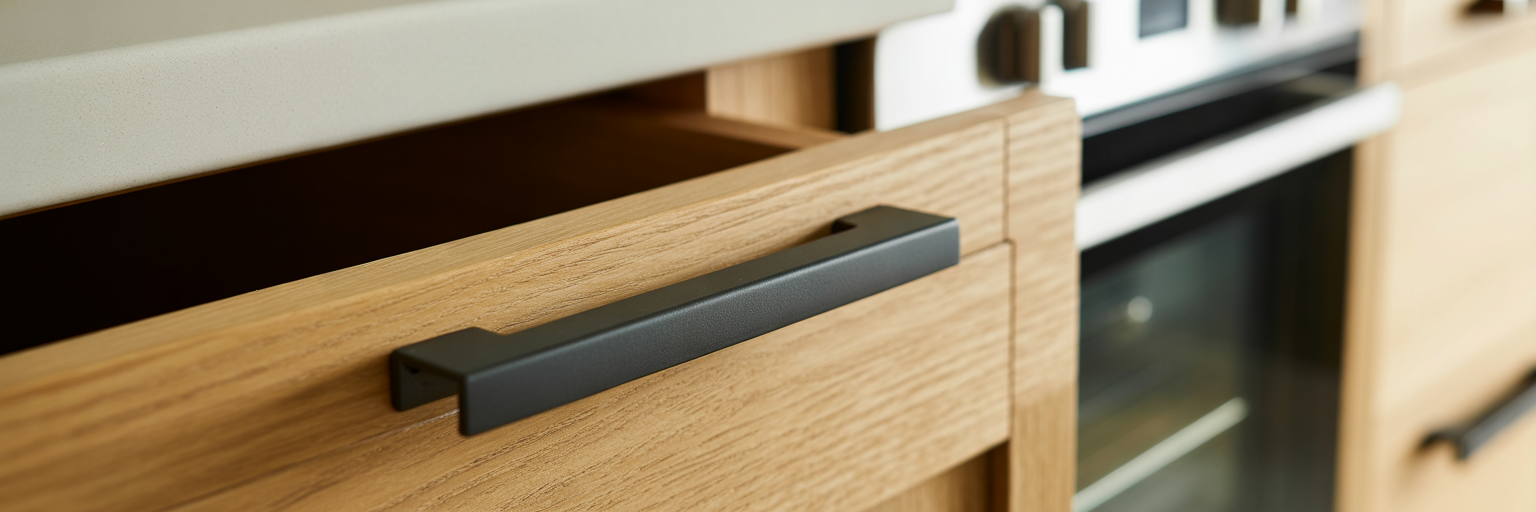 Matte black cabinet edge pull on oak drawer