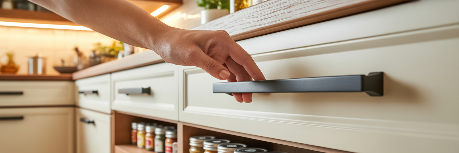 Matte black edge pull on kitchen cabinet.