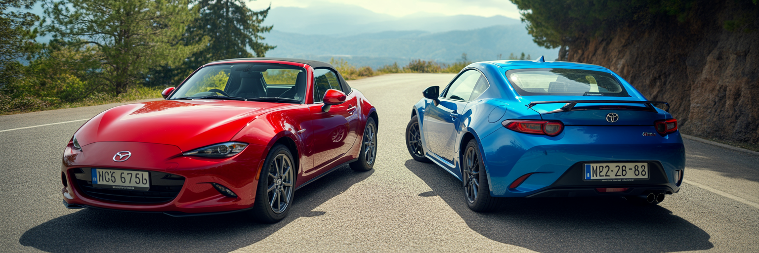 Mazda MX-5 Miata and Toyota GR86 on mountain road