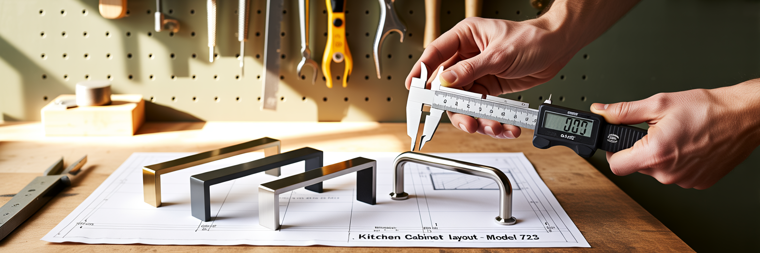 Measuring cabinet hardware on a workbench.