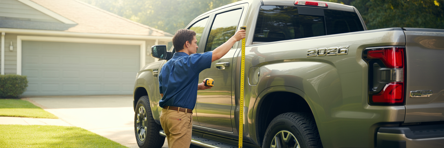 Measuring pickup truck bed rail height.