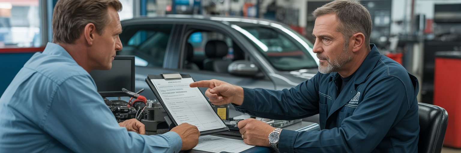 Mechanic advising a potential truck buyer