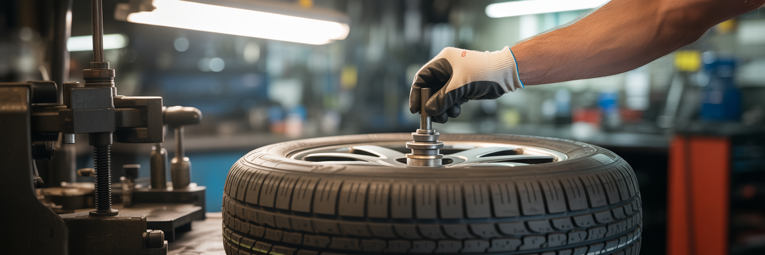 Mechanic applying a weight to a tire on a balancing machine.