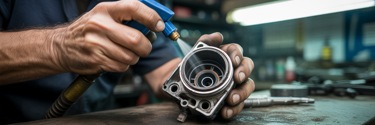 Mechanic cleaning a dirty car throttle body.
