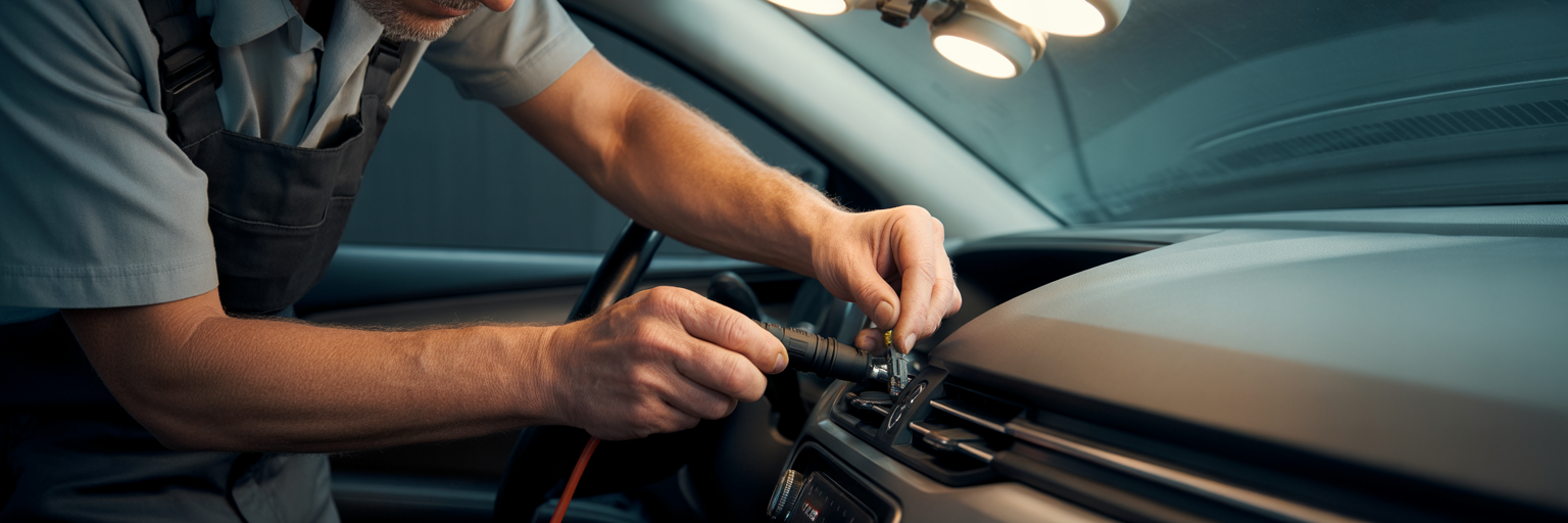 Mechanic connecting OBD2 scanner to a car.