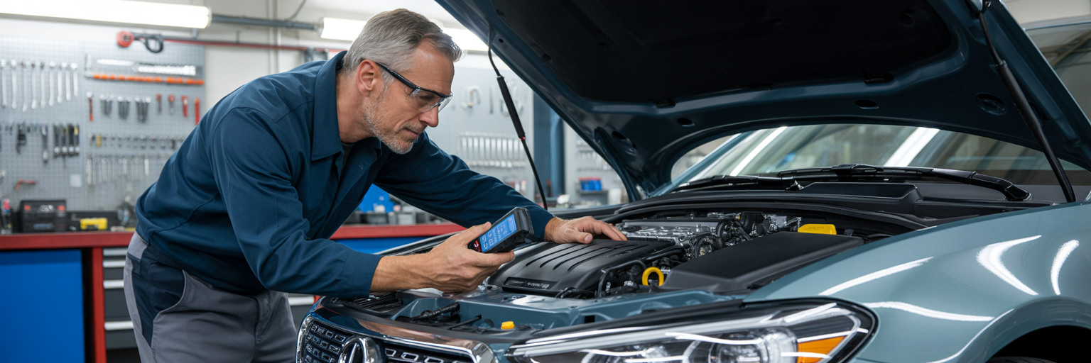 Mechanic diagnosing car engine in workshop