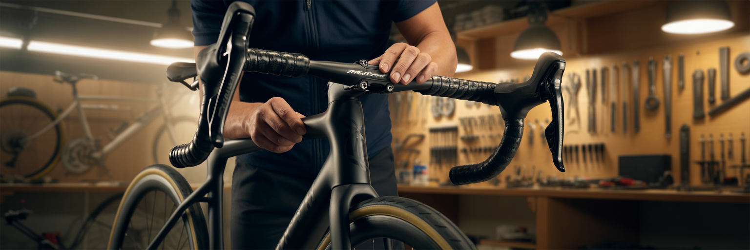 Mechanic fitting advanced component onto racing bike.