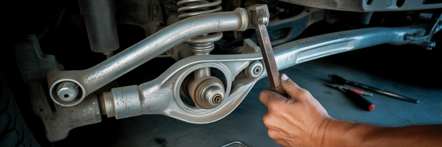 Mechanic inspecting a car's front suspension ball joint.