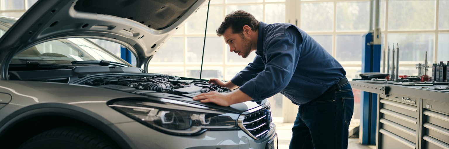 Mechanic inspecting a hybrid car engine