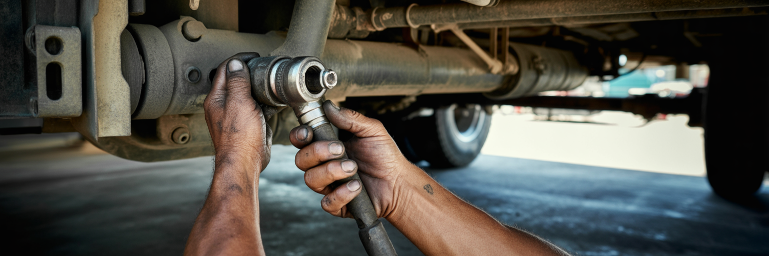 Mechanic inspecting a truck driveshaft U-joint