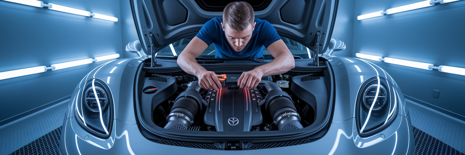 Mechanic inspecting a used sports car engine.