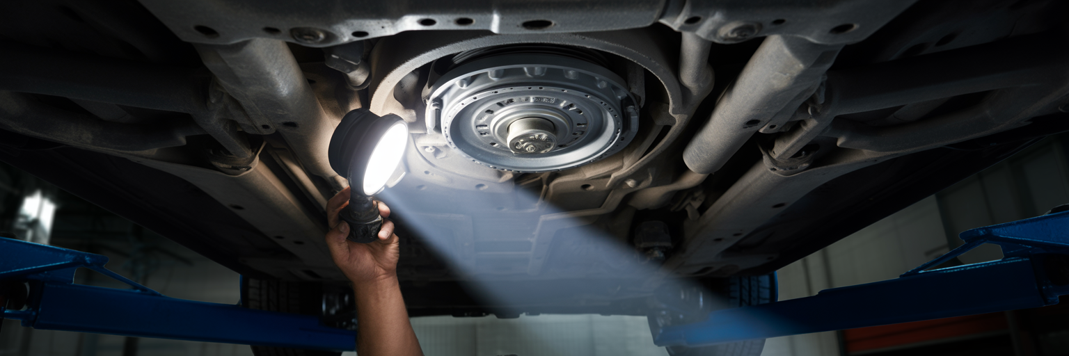 Mechanic inspecting car transmission on lift.