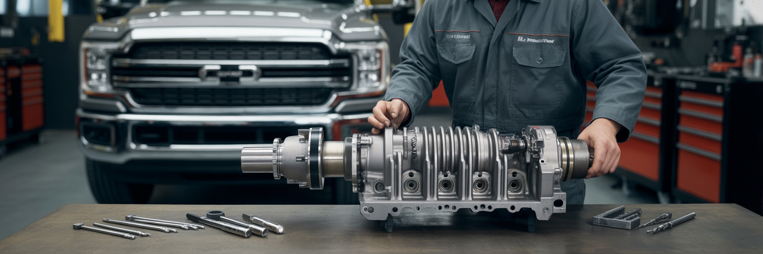 Mechanic inspecting diesel engine component.