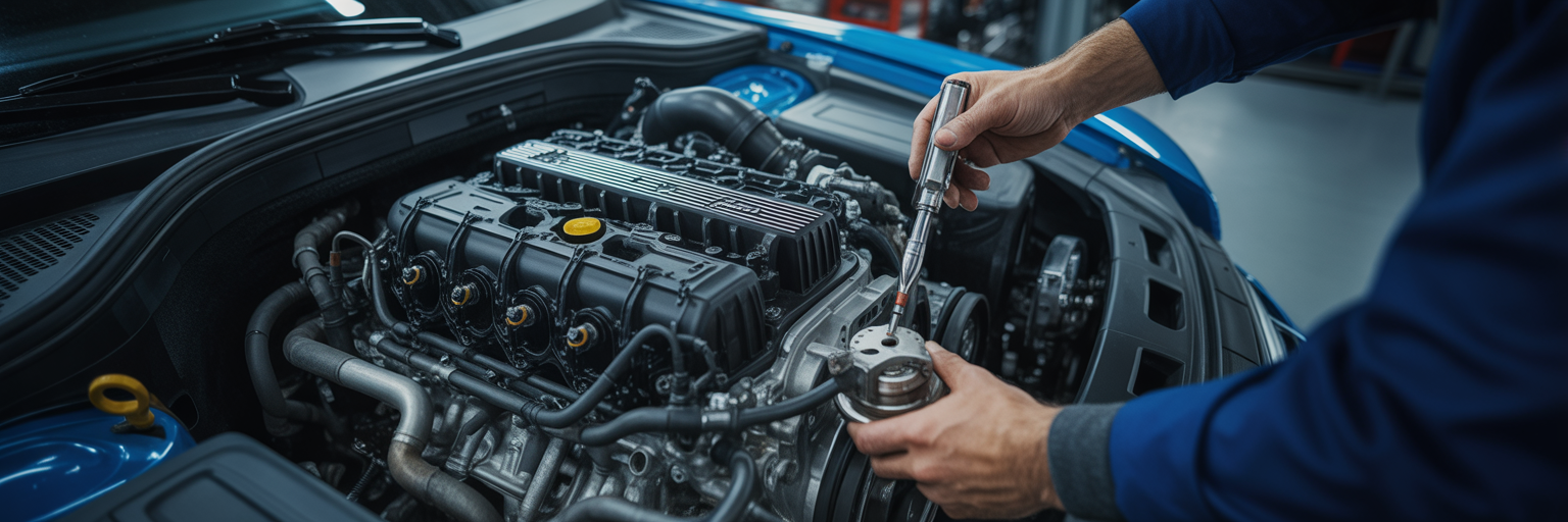 Mechanic inspecting modern luxury car engine.