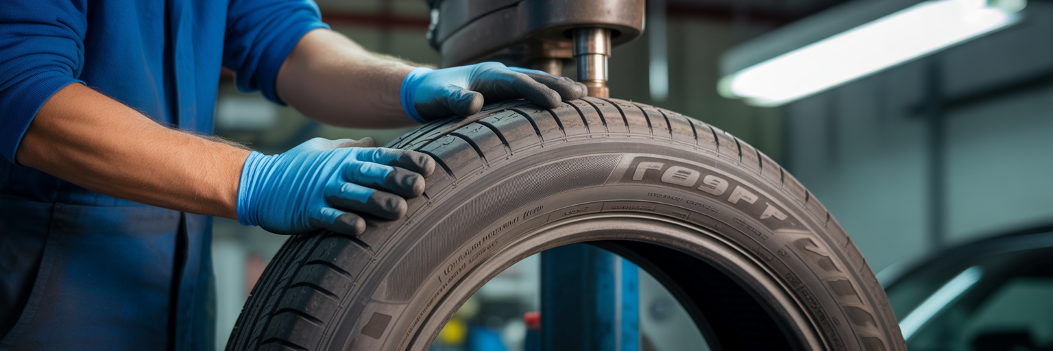 Mechanic inspecting uneven tire tread wear.