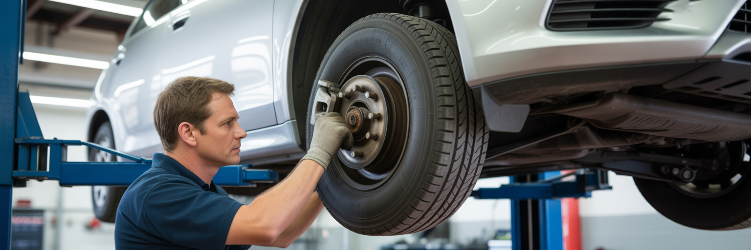 Mechanic inspecting used car brakes.