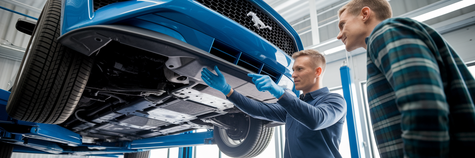 Mechanic inspecting used car on lift.
