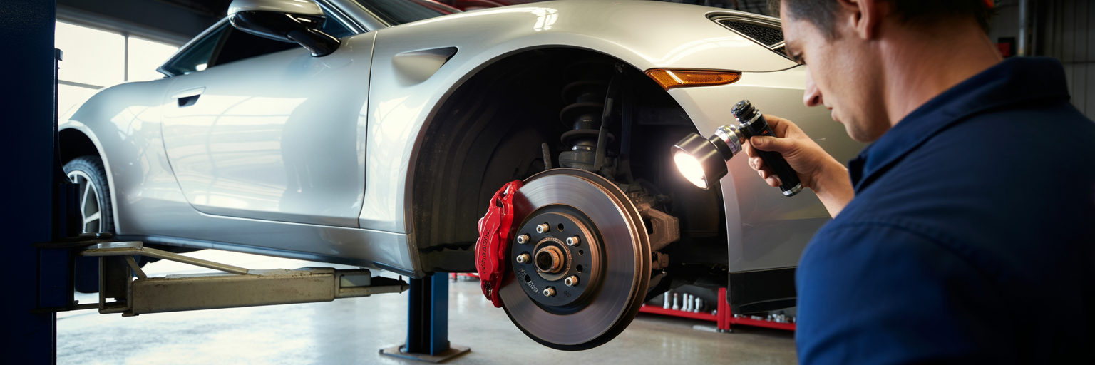 Mechanic inspecting wheel hub on lift.
