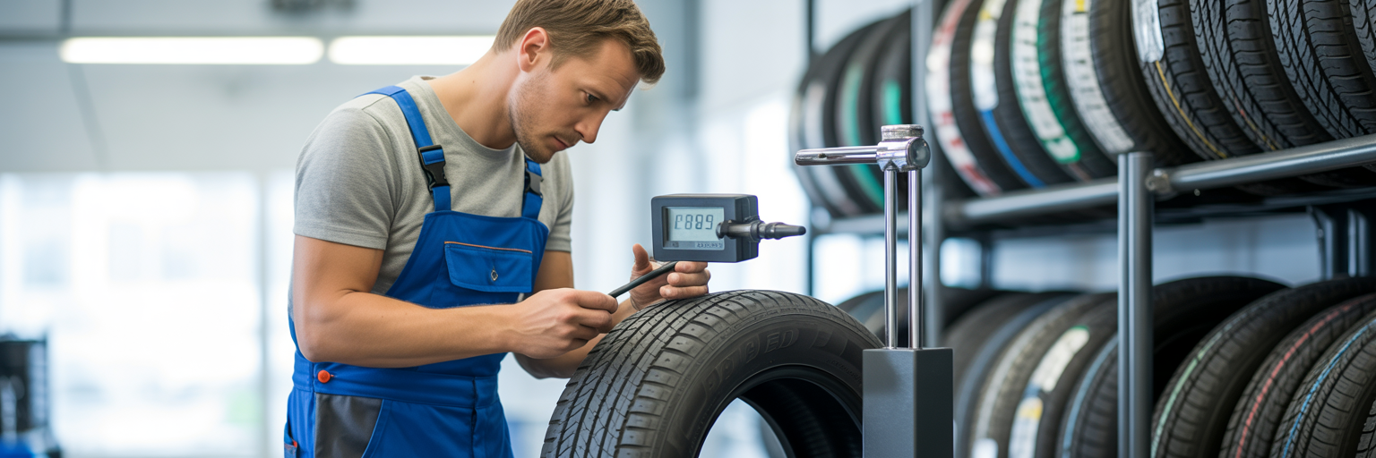 Mechanic measuring tire tread depth