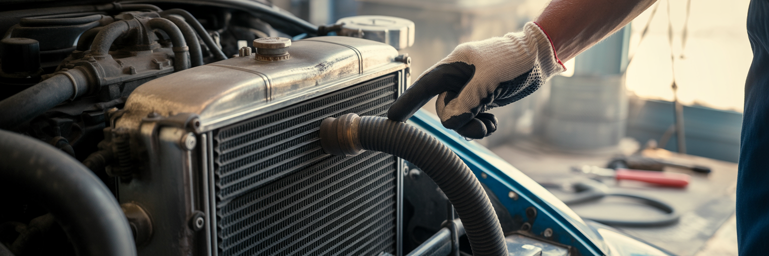 Mechanic pointing to cracked radiator hose