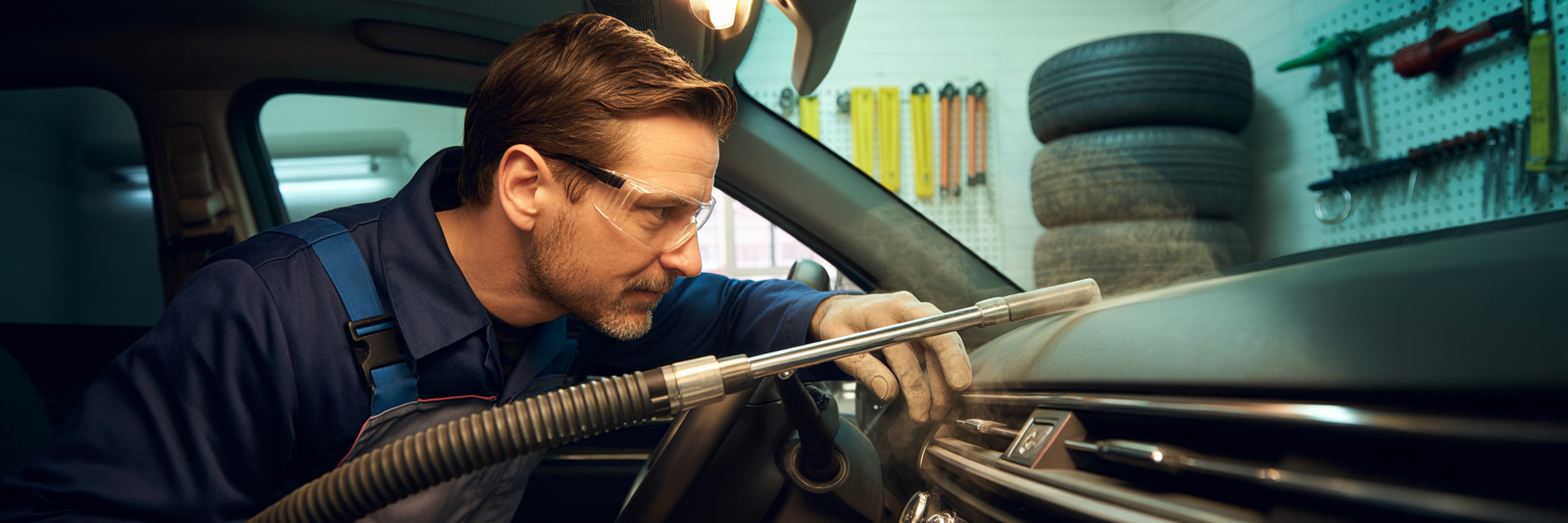 Mechanic professionally cleaning car AC system.