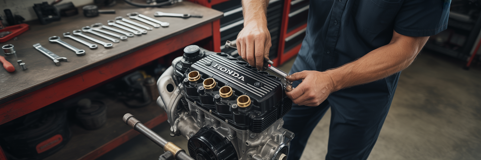 Mechanic's hands working on Honda K-series engine.