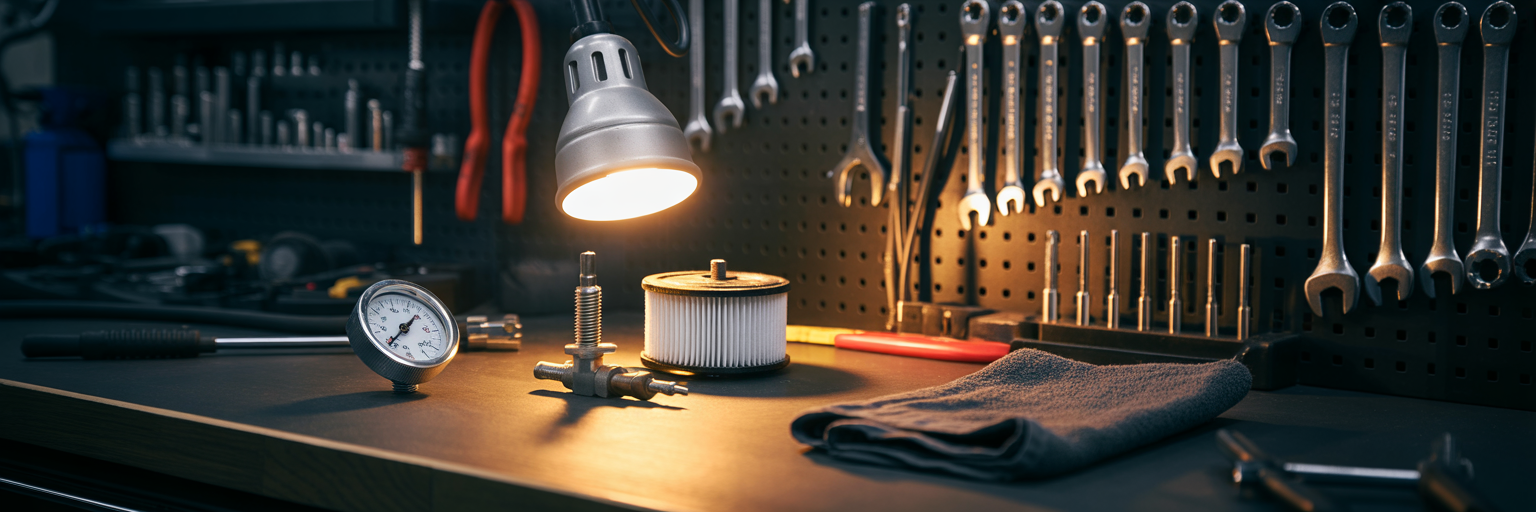 Mechanic's workbench with tune-up parts.